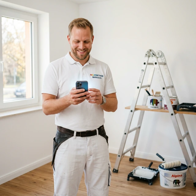 Malermeister nutzt FotoKalk Kostenvoranschlag Software auf der Baustelle — Angebot vom Handy erstellen